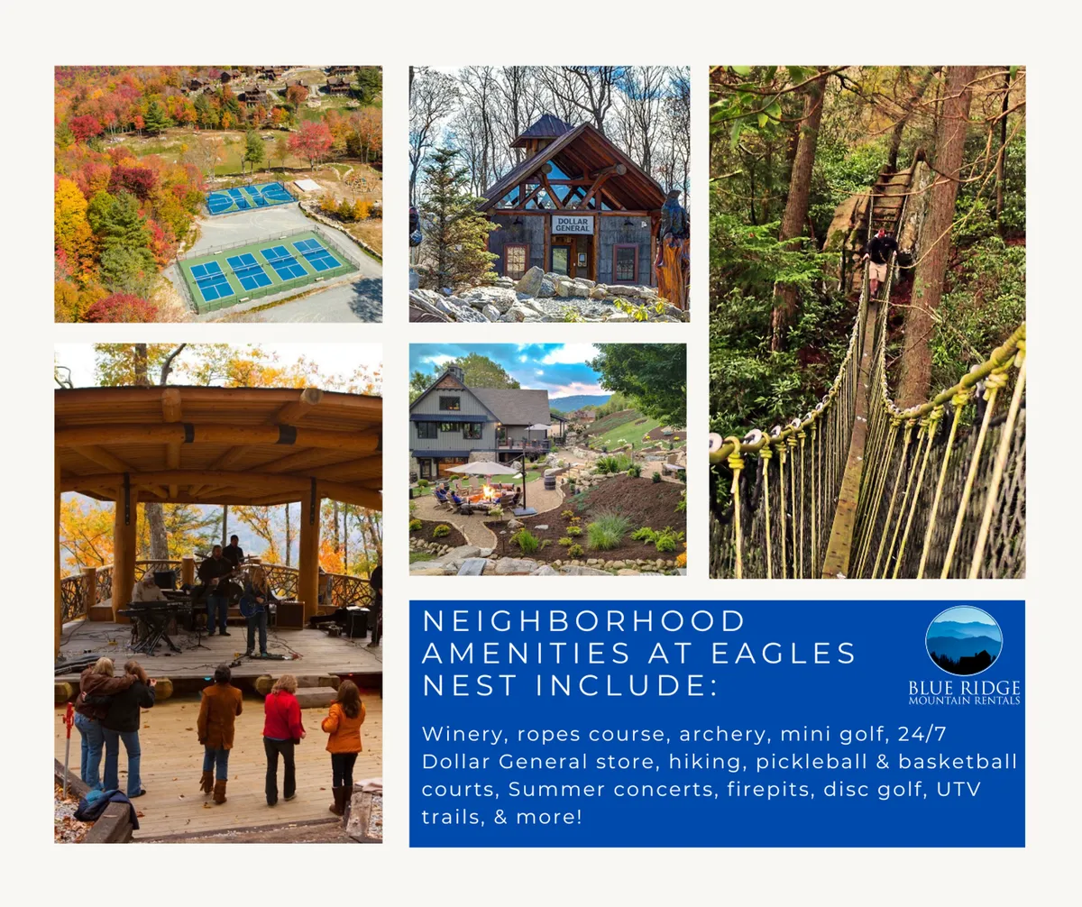 A vibrant exterior scene featuring a ropes course, archery area, mini golf, an outdoor concert stage, luxurious cabins, and hiking trails. The area is bustling with activity and offers a clear sense of community and adventure.